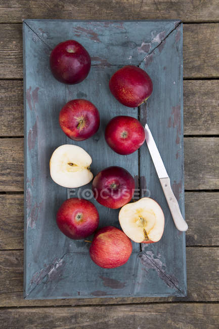Red apples and knife on dark wood — Stock Photo