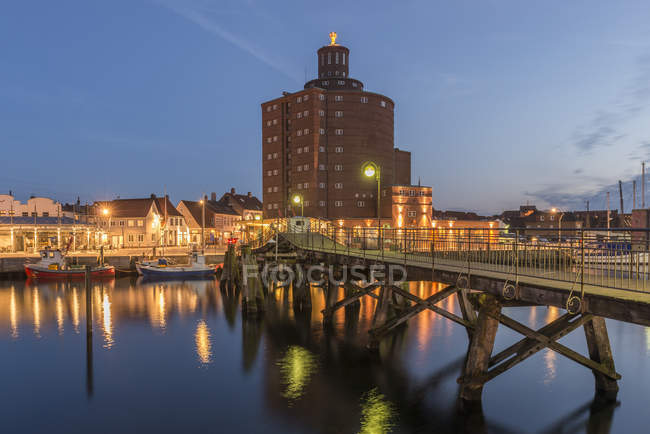 Germany, Eckernfoerde, old town with silo at night — Stock Photo