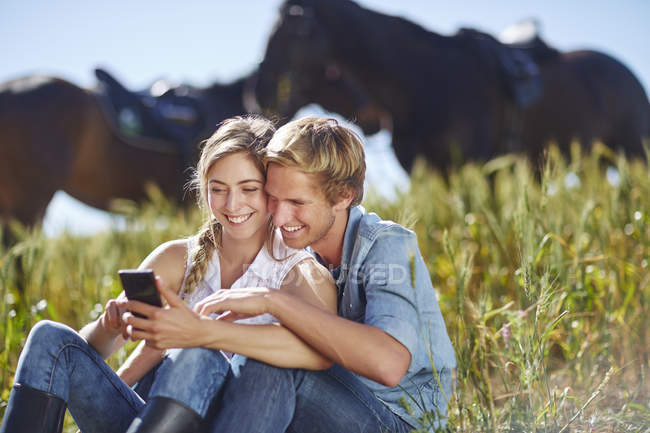 Jeune couple avec téléphone portable assis dans le champ avec des chevaux en arrière-plan — Photo de stock