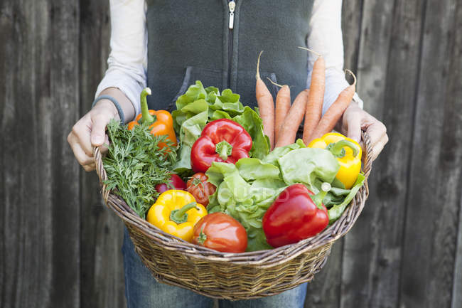 Mujer sosteniendo cesta de verduras frescas - foto de stock