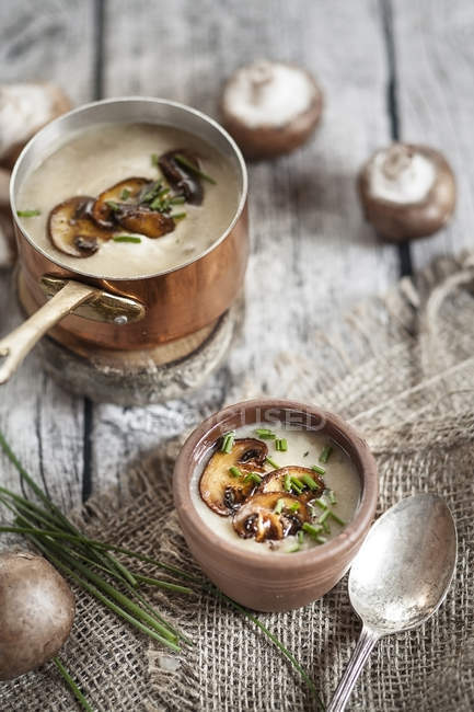 Saucepan and bowl of mushroom cream soup with chive and fried mushroom — Stock Photo
