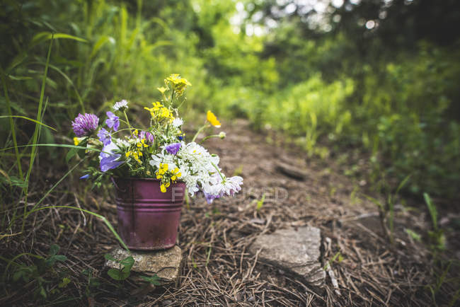 Pequeno balde com flores silvestres de corte fresco no chão — Fotografia de Stock