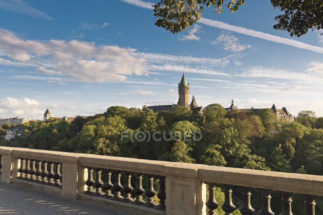 Luxembourg, Luxembourg City, Musee de la Banque, Tower over hill on background — Stock Photo