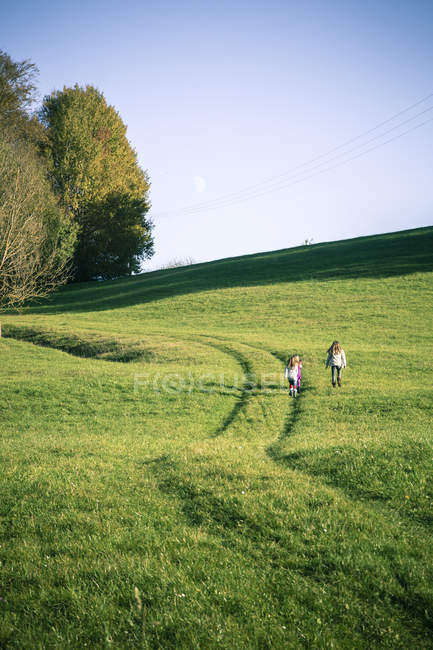 Três meninas correndo em um prado — Fotografia de Stock