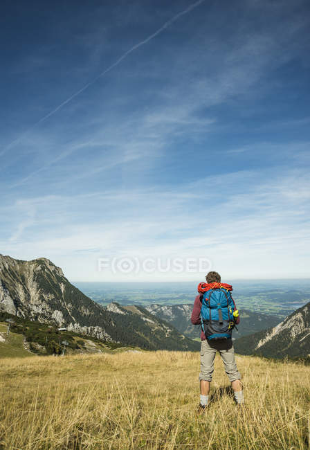 Austria, Tirol, Tannheimer Tal, joven excursionista mirando a la vista - foto de stock