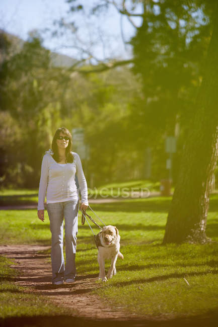 Mulher deficiente visual andando com cão guia em um parque — Fotografia de Stock