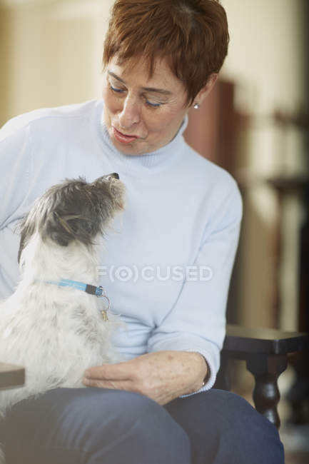 Happy senior woman with dog at home — Stock Photo