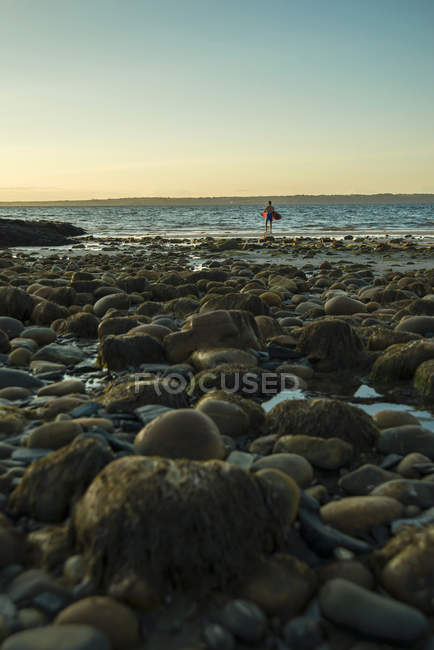Surfer on the beach at sunset, France, Brittany, Camaret-sur-Mer — Stock Photo