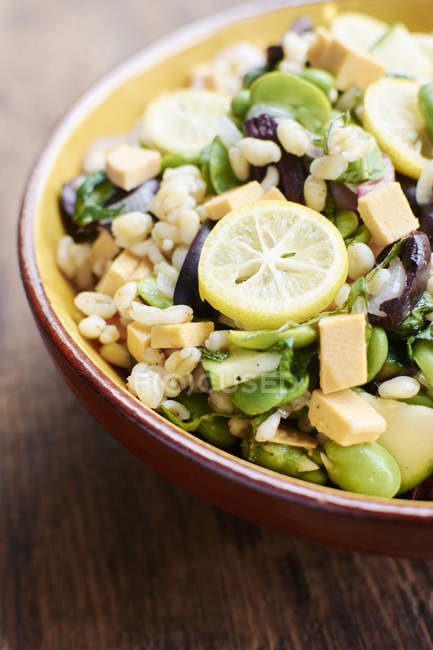 Insalata calda con fave, scalogno, zucchine, olive nere, menta, orzo e formaggio vegano — Foto stock