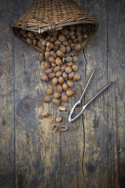 Wickerbasket of hazelnuts and nutcracker on dark wood — Stock Photo