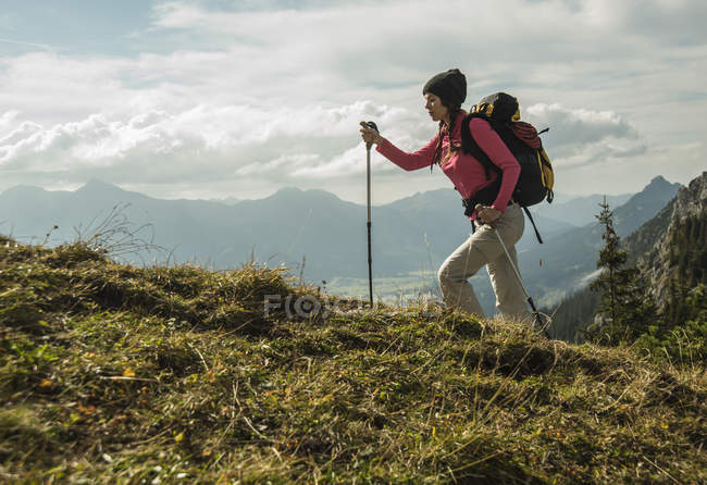 Austria, Tirol, Tannheimer Tal, joven senderismo en el prado alpino - foto de stock