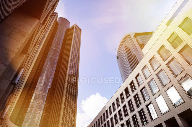 Germany, Hesse, Frankfurt, high-rise buildings against the sun — Stock Photo
