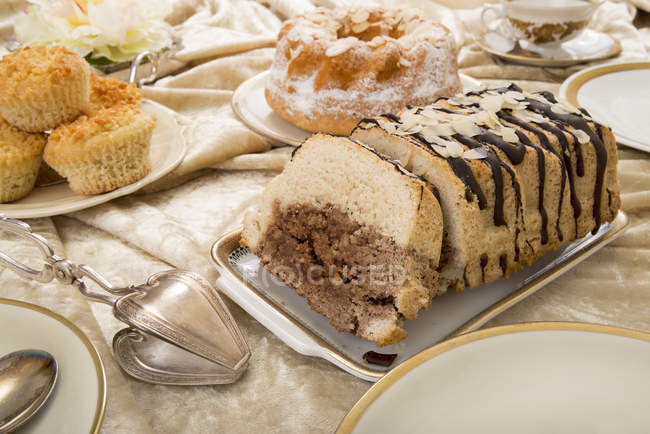 Almond cake with chocolate icing — Stock Photo
