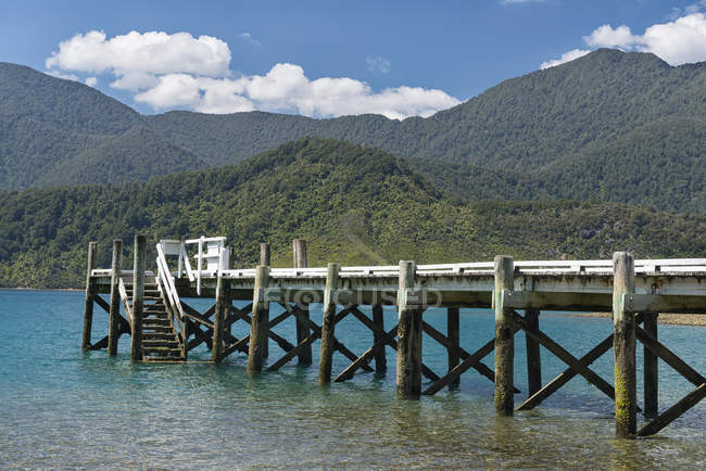 Nova Zelândia, South Island, Marlborough Sounds, Tennyson Inlet, molhe de madeira e colinas nos sons de Penzance Bay — Fotografia de Stock