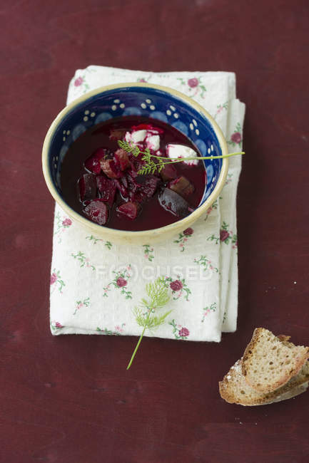 Borscht in a bowl over towel on red surface — Stock Photo
