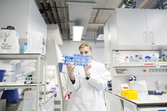 Científica joven que trabaja en laboratorio biológico inspeccionando muestras - foto de stock