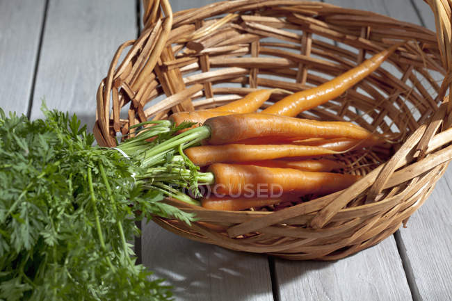 Bunch of fresh carrots in basket on wooden table — Stock Photo