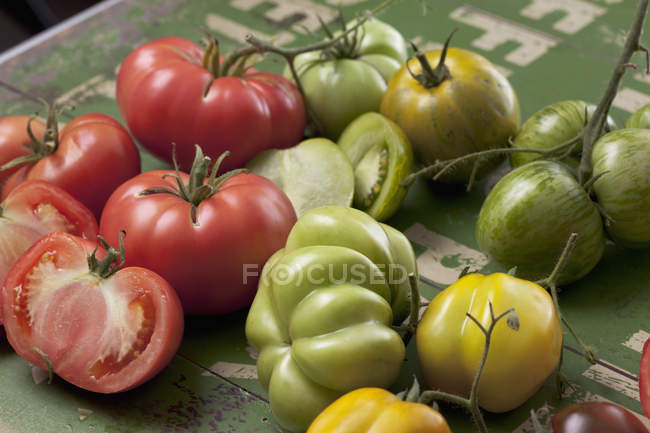 Variétés de tomates rouges et vertes sur bois vert — Photo de stock