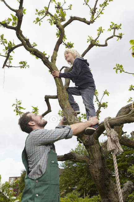 Pai ajudando filho a subir árvore, sorrindo — Fotografia de Stock