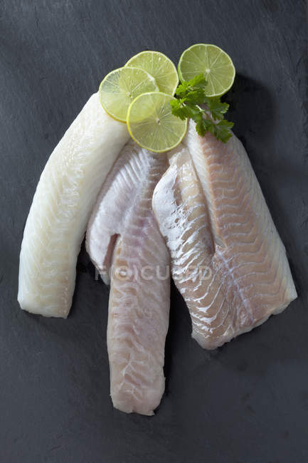 Fish fillets of codfish, redfish and coalfish with lime slices on grey background — Stock Photo
