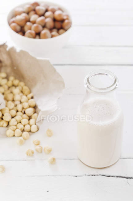 Ingredientes y botellas de leche de avellana sobre mesa de madera blanca - foto de stock