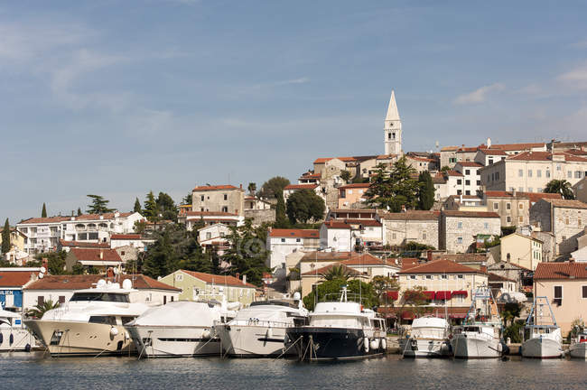 Croácia, Ístria, Vrsar, Igreja Paroquial de St. Martin acima do porto — Fotografia de Stock
