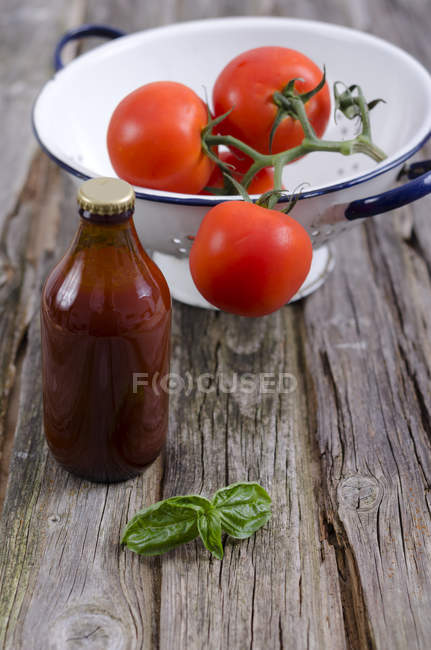 Бутылочный томатный соус со свежими помидорами, закрыть — стоковое фото