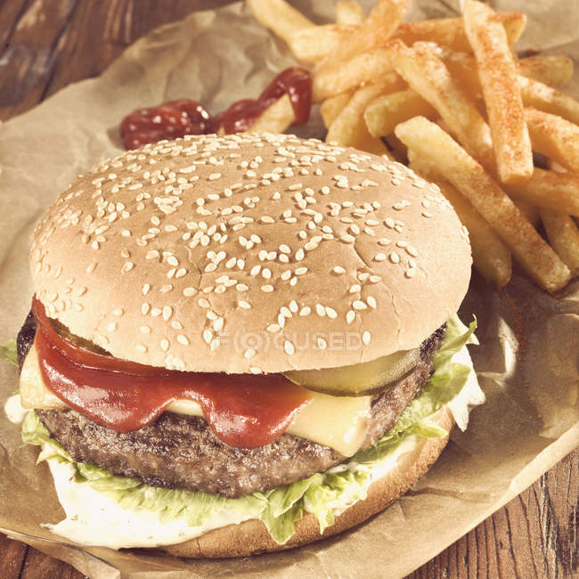 Classic burger with cheese french fried — Stock Photo