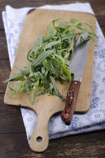 Tarragon leaves on wooden chopping board with knife — Stock Photo