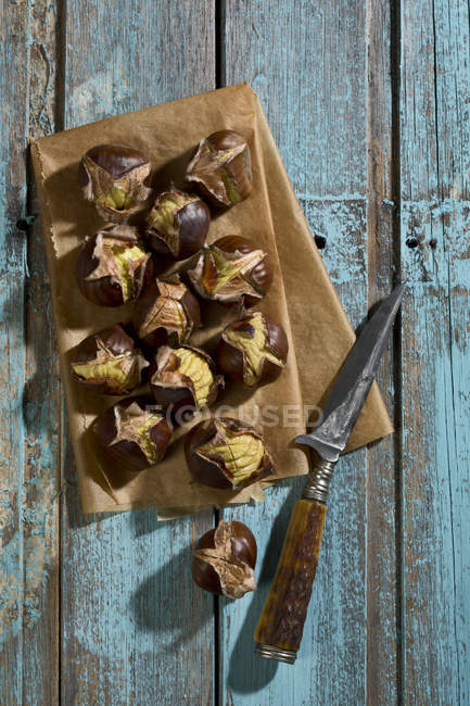 Spanish chestnuts and knife on blue wooden table — Stock Photo