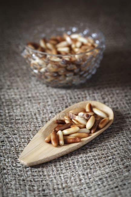 Piatto di legno di pinoli arrosto su sacco — Foto stock