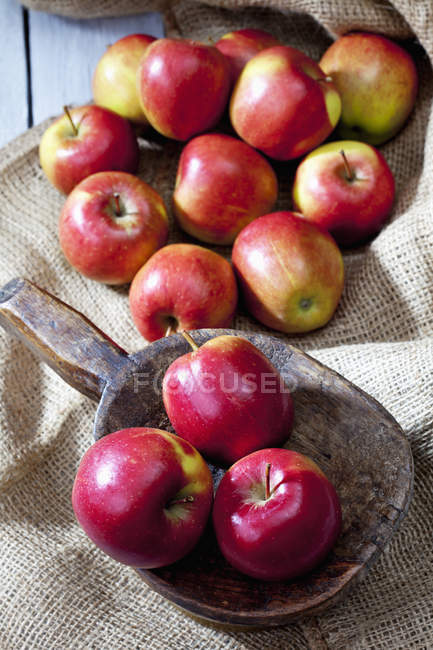Mele rosse fresche su pala di legno e su tavolo di legno con sacco — Foto stock