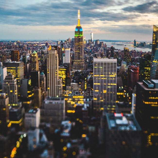 Usa New York City Illuminated Manhattan In The Evening Seen From Above Architecture Urban Scene Stock Photo