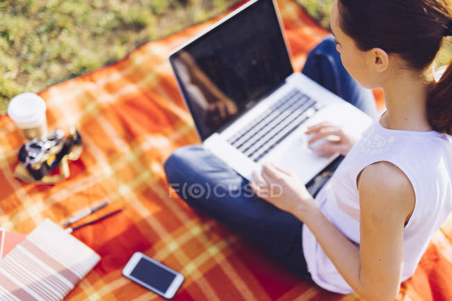 Estudiante en el parque trabajando con portátil - foto de stock