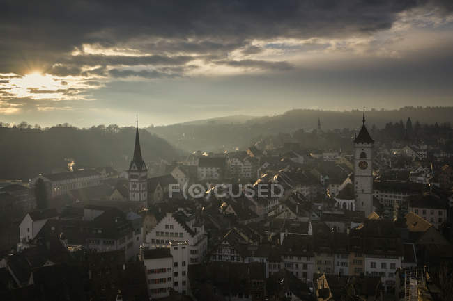 Switzerland, Canton of Schaffhausen, Schaffhausen, old town aerial view in moody evening — Stock Photo