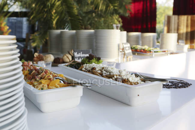 Buffet e piatti su tavolo con superficie bianca — Foto stock