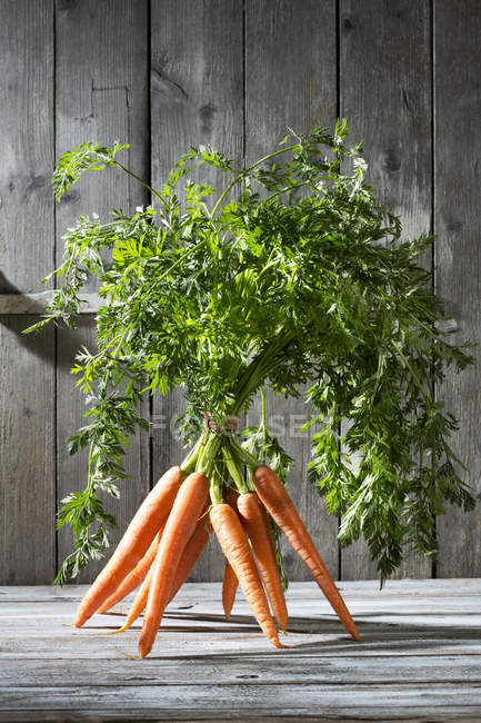 Ein Bund Bio-Karotten mit Stielen steht auf einem grauen Holztisch. — Stockfoto