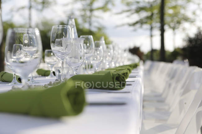 Primo piano della tavola apparecchiata festiva con tovaglioli verdi e bicchieri di vino — Foto stock