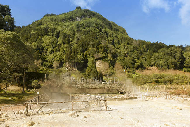 Portogallo, Azzorre, Sao Miguel, Caldeiras a Lagoa das Furnas e vista della collina con alberi — Foto stock