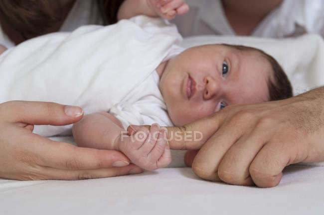 Ritratto di neonata con mani di padre e madre — Foto stock