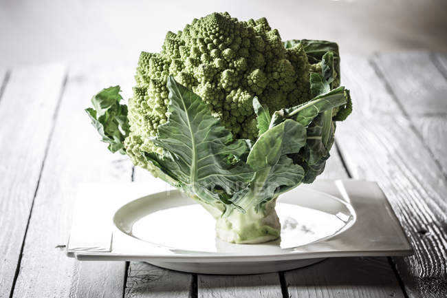Romanesco broccoli on square plate on wooden table — Stock Photo