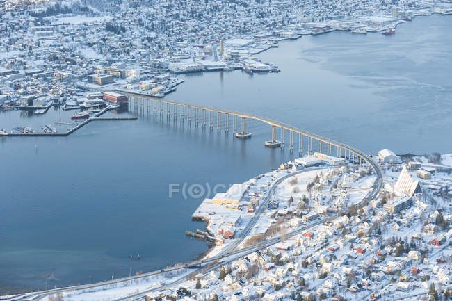 View from Storsteinen, Cityscape, Tromso Bridge in winter, Tromso, Troms, Norway — Stock Photo