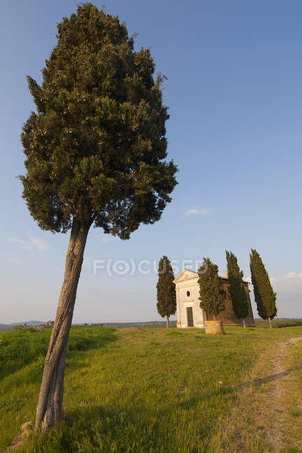Vue de la chapelle Vitaleta avec cyprès au coucher du soleil, Toscane, Italie — Photo de stock
