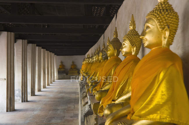 Tailândia, Ayutthaya, Fila de estátuas de buddha no templo — Fotografia de Stock