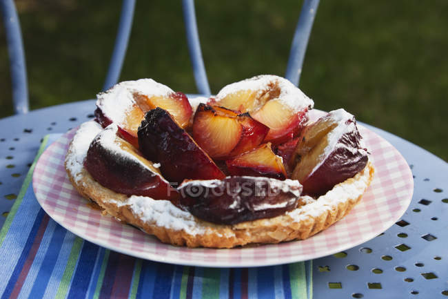 Homemade plum cake with icing sugar — Stock Photo