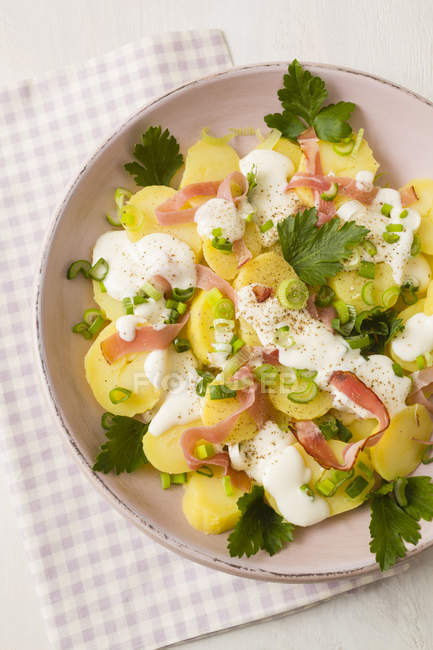 Fechar a salada de batata decorada com cebolinha, salsa e maionese na mesa — Fotografia de Stock
