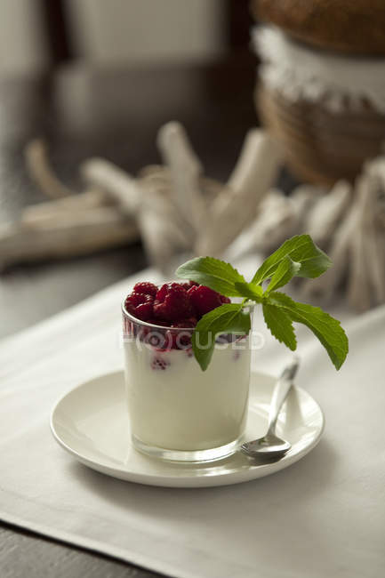 Closeup of glass of cream with raspberries and stevia on table — Stock Photo