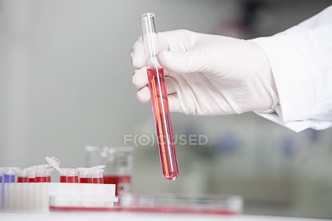 Scientist holding red liquid — Stock Photo