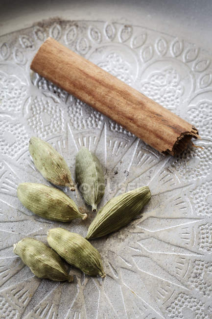Cardamom capsules and cinnamon stick on metal plate, close-up — Stock Photo