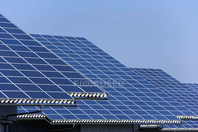Vista de paneles solares en el parque fotovoltaico durante el día, Westerheim, Baviera, Alemania - foto de stock